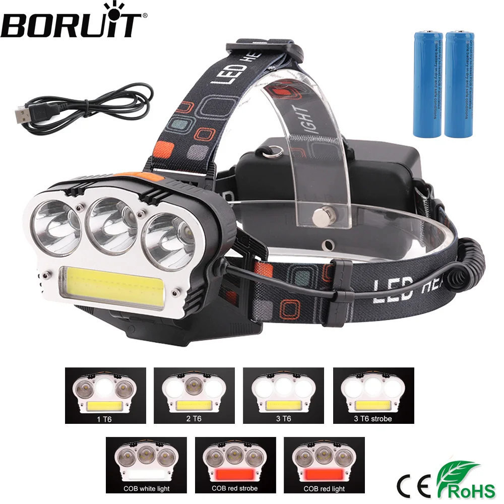 

BORUiT 20000 Lumen Headlamp 3*T6+COB LED Headlight 7-Mode Zoom Torch Rechargeable Power Bank Flashlight with 18650 Battery