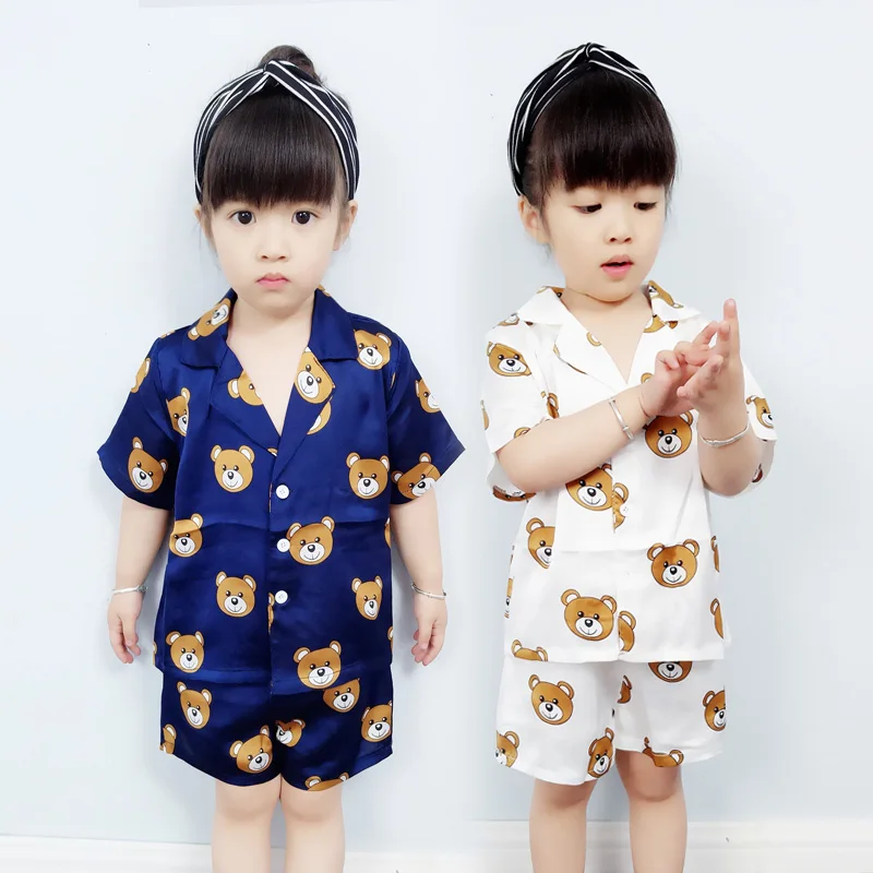 Детские пижамы для девочек комплект с милым медведем Лето На возраст от 2-10 л. старый, Pijama Enfant Детская Пижама шелк детка пижамы 2 т-6 т