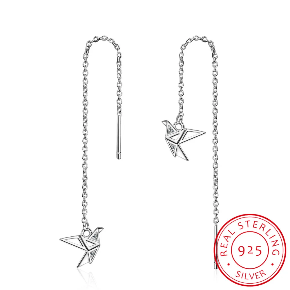 Real. 925 Sterling Silver Fine jewelry origami paper crane dangle earrings Threader GTLE2743