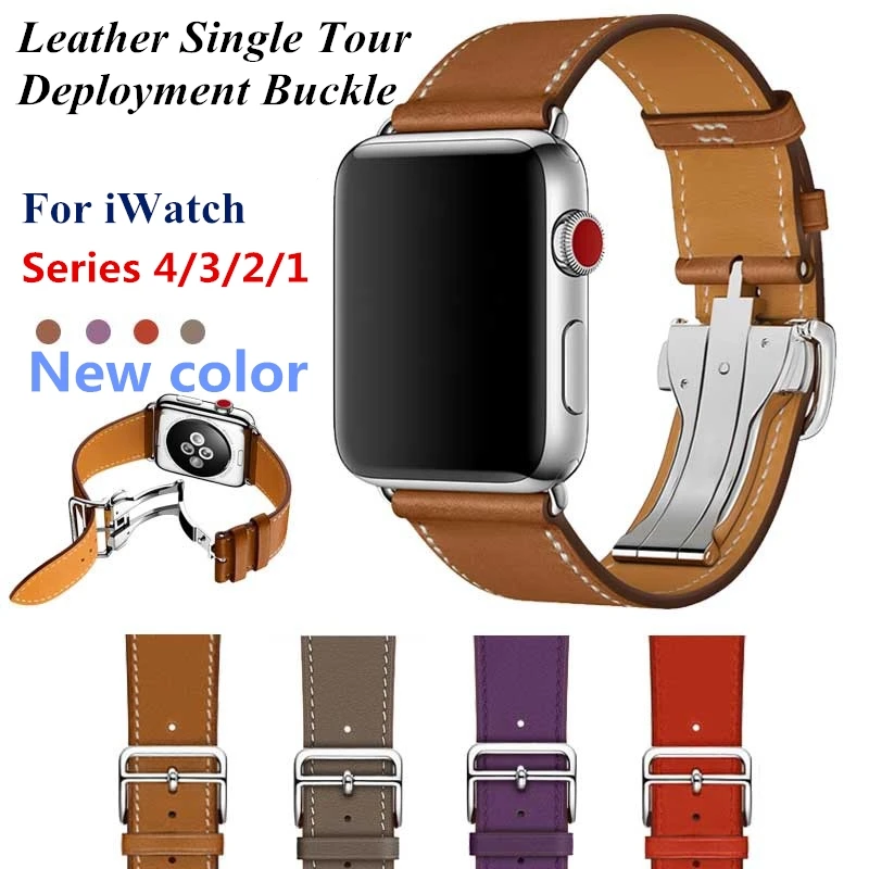 Кожаный Одноместный Тур развертывания Пряжка с мм логотипом для Apple Watch 44 мм 40 мм Замена Браслет Для iWatch серии 4 3 2 1 ремень