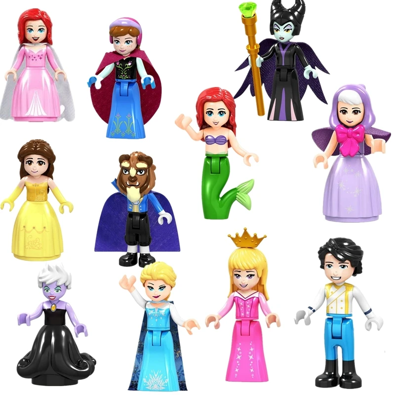 

6-8 Pcs Legoing Girl Friends Princess Figures Anna Elsa Ariel Aurora Waleficent Ursula Prince Building Blocks Toys for Children