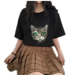 Мода печатных блестками Cat Для женщин Короткие топы 2018 летние хлопковые короткие футболки женские короткий рукав тонкий Для женщин