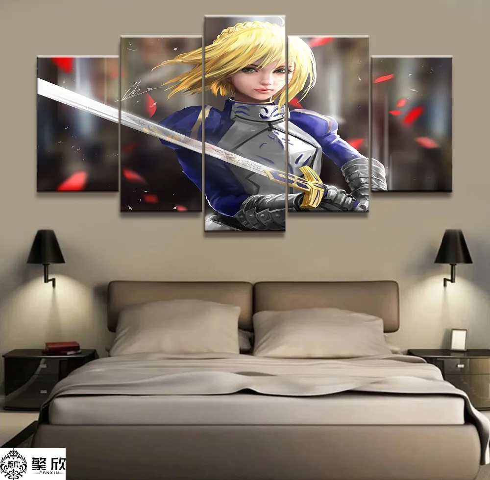 

5 Panel Fate Stay Night Arthur Saber Animation Canvas Printed Painting For Living Room Wall Art Decor HD Picture Artworks Poster