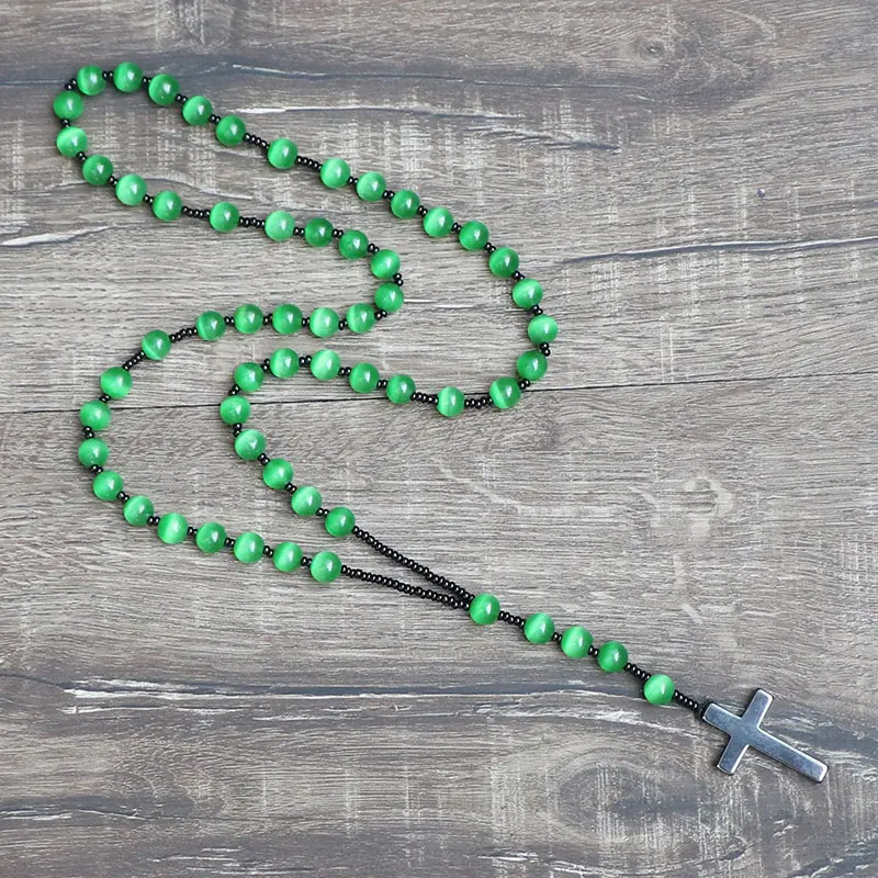 

Women Men Jewelry Hand-knitted Green Cat Eyes Stone Beads Rosary Prayer Necklaces 10 Ave Maria Hematite Cross Pendants Necklace