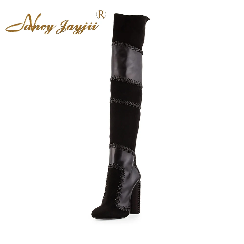 Nancyjayjii 2017 Women Winter Snow Black Pleather Point Toe Knee High Boots Shoes for Woman Party , Potas Mujer Plus Size 5-14