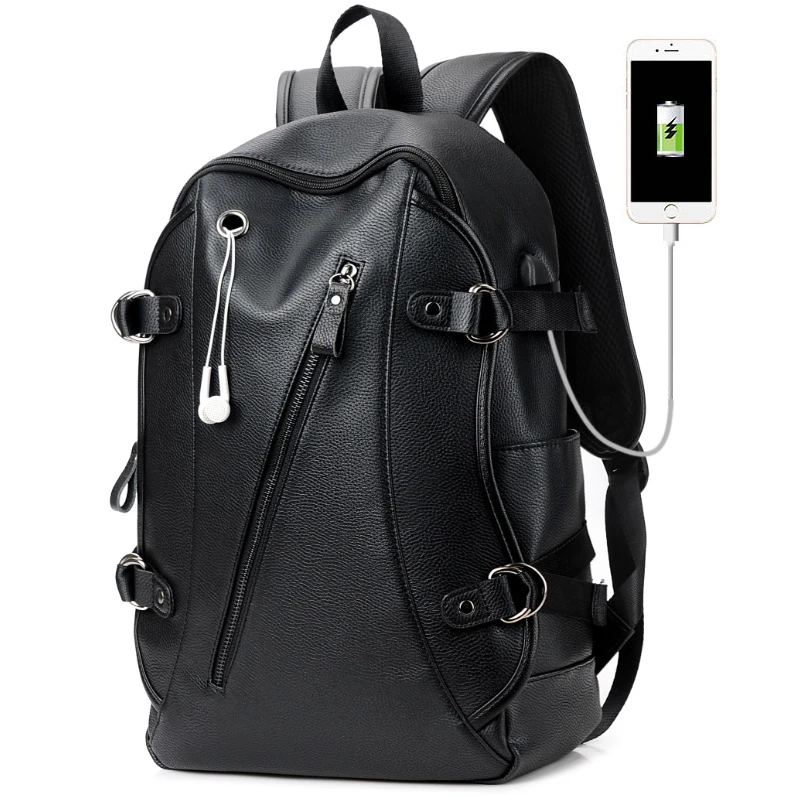 

16 inch Black Men's Leather Backpack with USB charge Male Waterproof School laptop backpack PU Leather Fashion Men backpack bag
