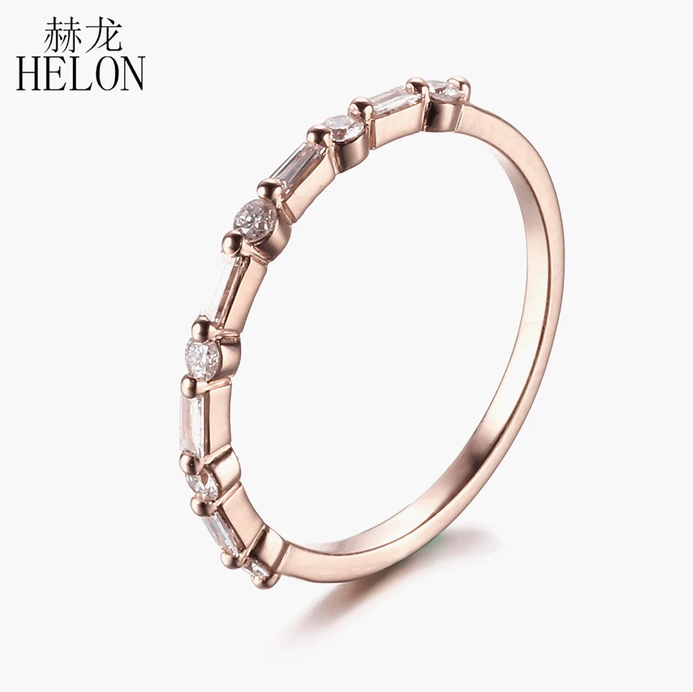 

HELON 100% Genuine Natural Diamonds Engagement Wedding Solid 10K Rose Gold Jewelry Women Ring Band Round Full & Baguette Cut