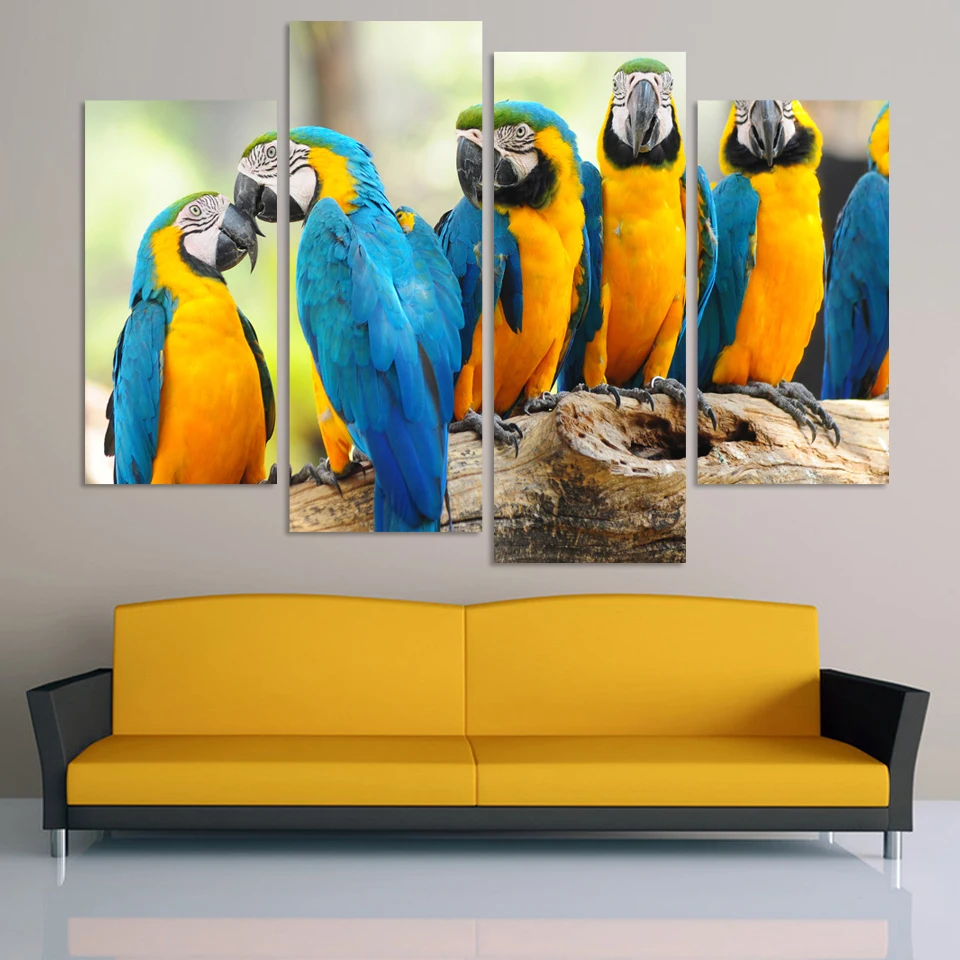 Unframed 4 Pcs/set Abstract Animal Canvas Art Blue Parrot Canvas Prints