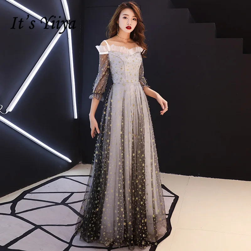 Evening Dress Long Full Stars Embroidery Pattern Party Gowns Sexy Boat Neck Half Sleeve Floor Length Formal Prom Dresses E059