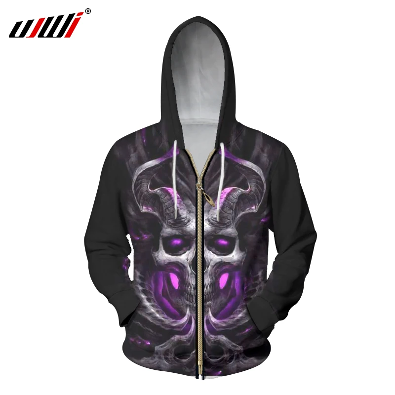 UJWI Zipper Hoodie Punk Style Men's Cool Print Horn Skull 3d Hoodies
