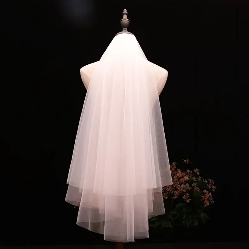 

Minimalist Simple Style 2 Tier Double-Layer Women Mesh Fingertip Length Wedding Veil Plain Pleated Drape Bridal Veil With Comb