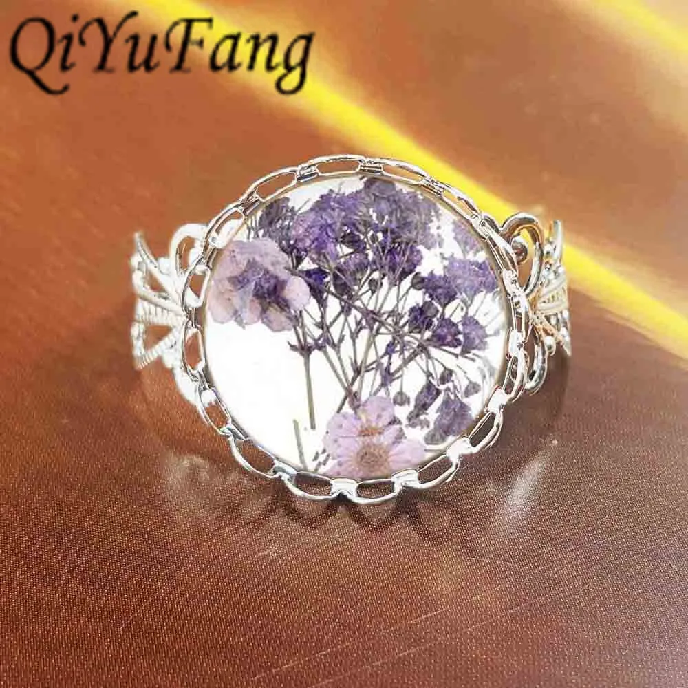 

QiYuFang Romantic Collares Purple Dried Flower Glass ring Long Gold Color Chain rings Jewelry Women 2017
