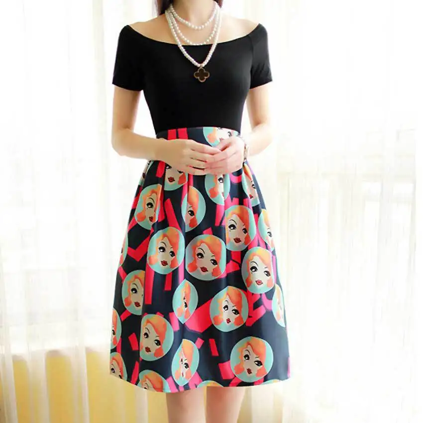 2015 Fashion Korean Women Flower Print A-Line High Waist Skirts Summer Sexy Ladies Knee Length Plus Size Skirt Saias Femininas | Женская