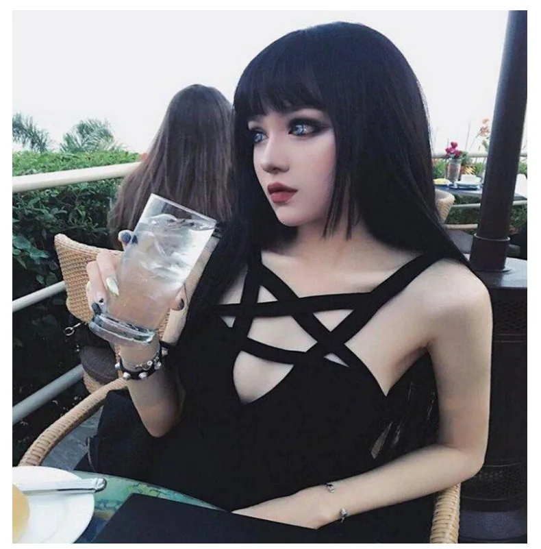 sexy bodysuit JIEZuoFang Gothic Women Jumpsuits Backless Cross Strap Front Design Hollow Out Pentagram Romper Black Sleeveless Slim Bodysuit fishnet bodysuit