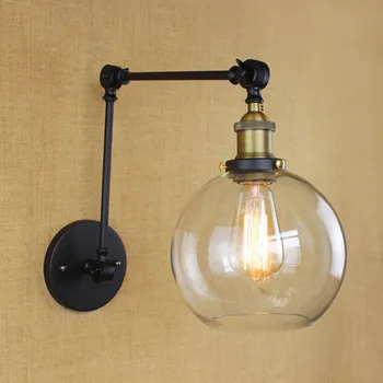

Industrial Vintage Iron Cafe Decoration Wall Lamp Glass Ball Shade Foldable Swing Arm Study Bedroom Wall Light Free Shipping