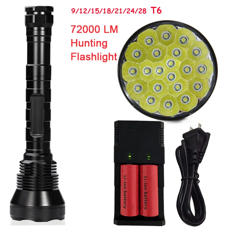 

Super Bright 72000LM 5 Mode 28 T6 LED Flashlight Torch Flash Light Lamp for Outdoor Hunting with 4*26650 Battery & Charger