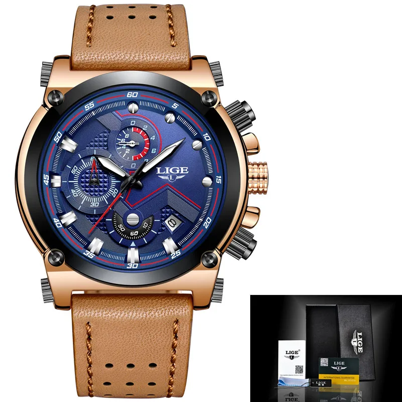 LIGE часы люксовый бренд Мужские Аналоговые кожаные спортивные часы мужские армейские военные часы Мужские кварцевые часы Relogio Masculino - Цвет: Gold blue
