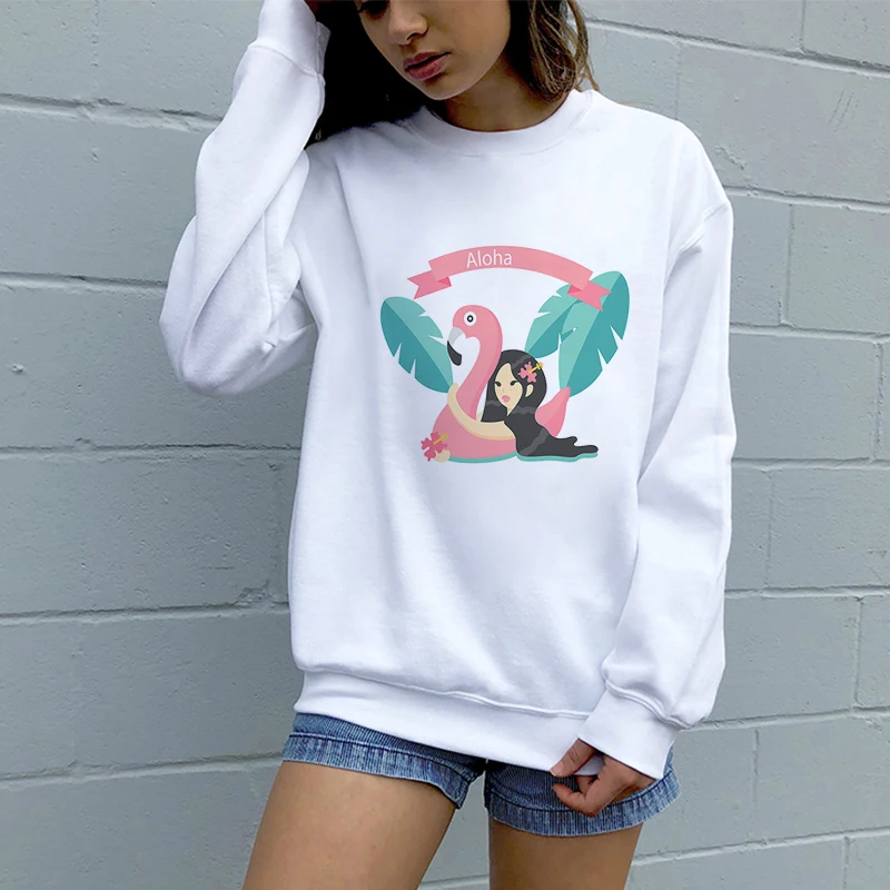 

Fashion Cool Flamingo Print Long Sleeve Female Pullovers Korean Style White Summer Casual Harajuku Plus Size Women Sweatshirt