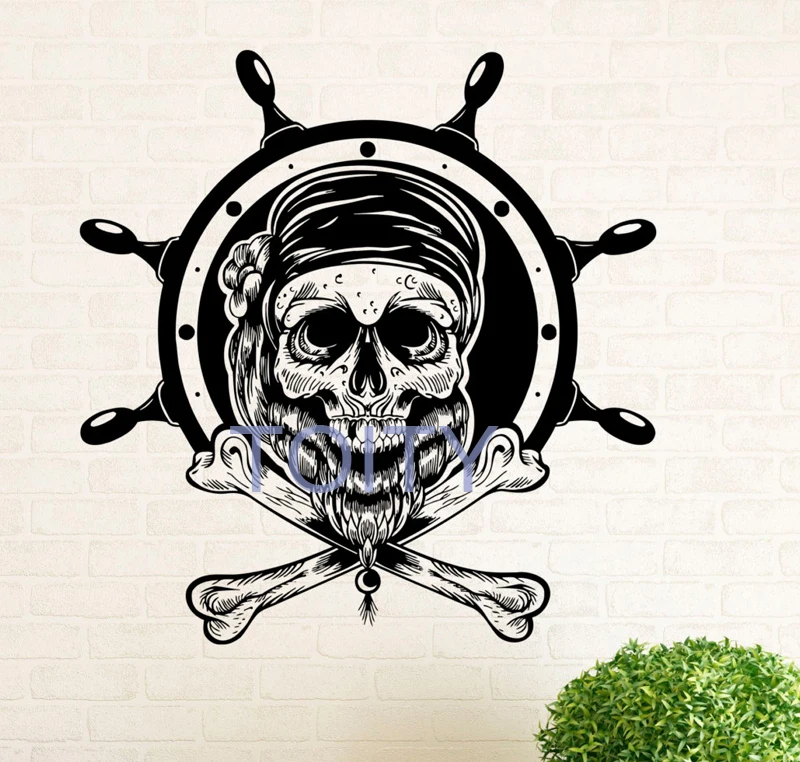 Pirate Steering Wheel Wall Decal Vinyl Stickers Nautical Pirate Skull Home Interior Design Art