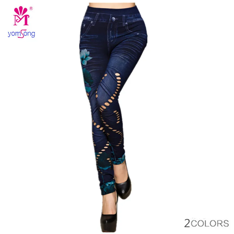Yomsong 2016 Slim Hole Slashed Leg Cut out Faux Denim Leggings