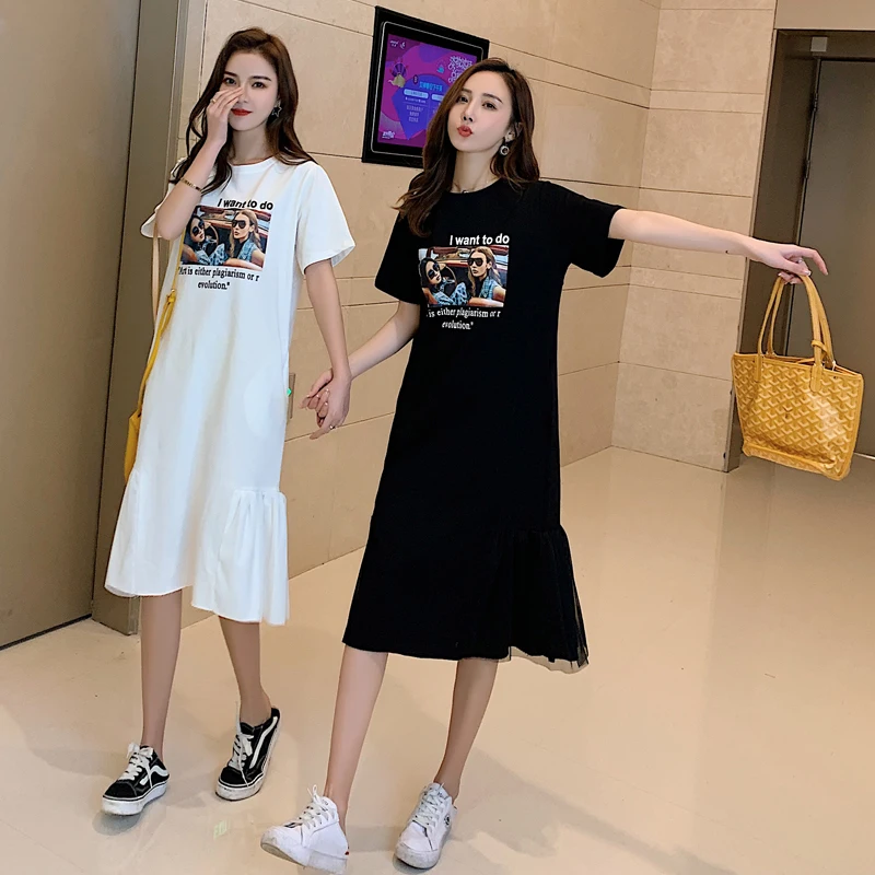 

Summer new women's clothes Korea solid color picture decoration hem mesh stitching short sleeved dress casual wild women dress