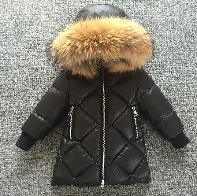 

Winter Checked Coat Real Fur Collar Hooded Long Jacket Boy Thicken Warm Padded Parkas 2017 Girl Oversized Black plaid Parkas