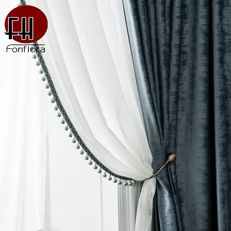 Cortina opaca de terciopelo holandés de lujo para sala de estar cortina de dormitorio patrón Vintage azul con cuentas tratamientos de ventana personalizados