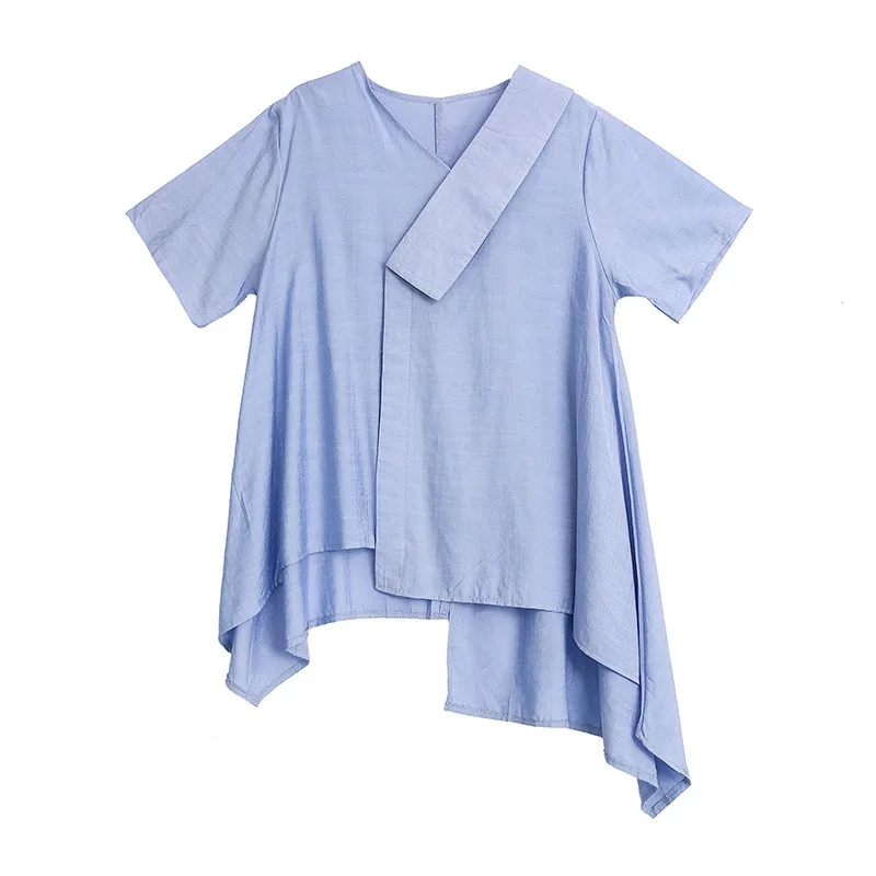 [EAM] новая весенняя летняя футболка с v-образным вырезом и коротким рукавом, черная свободная футболка с неровным подолом, женская модная футболка JW914 - Цвет: blue