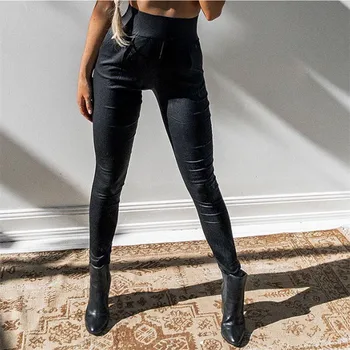 

Women's Bandage PU Leather Skinny Stretch Pants Hot Sale Zipper Slim Fit High Waist Trousers Ladies Black Skinny Pencil Pants