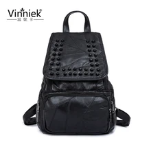 Genuine Leather Luxury Women Backpack Travel School Bags For Teenage Girls Small Laptop Backpack Rivet Casual