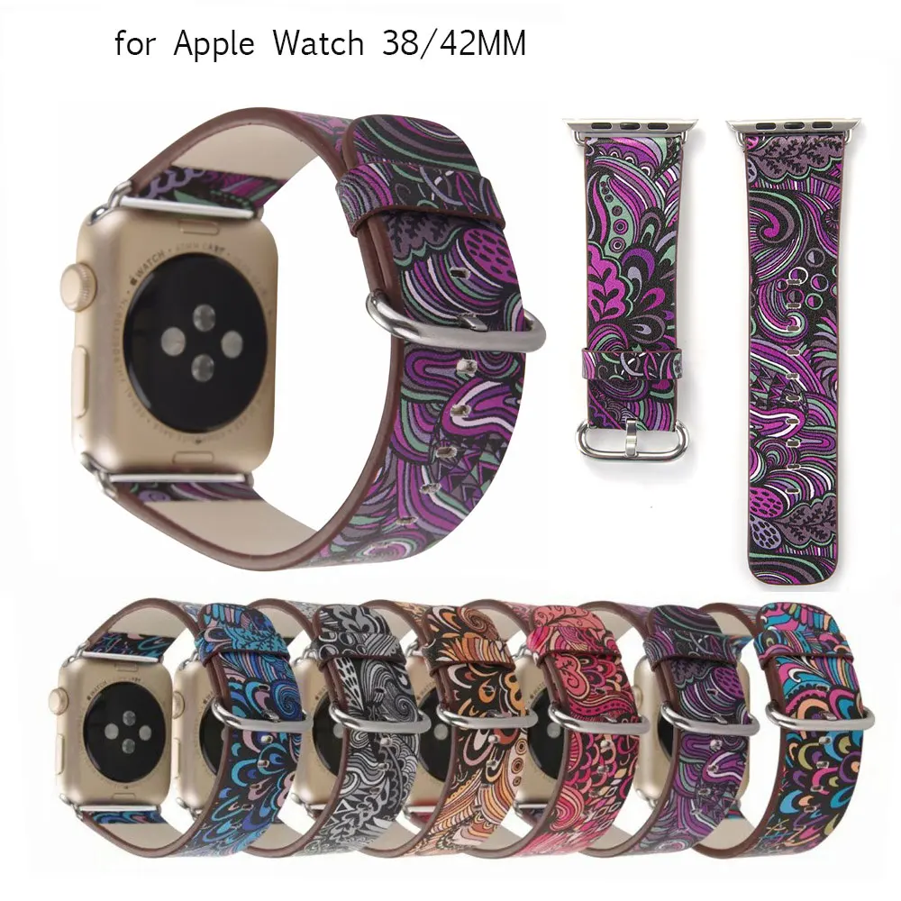  Leather Band Strap for Apple Watch 38 40/42 44mm Series 1/2/3/4 Flower Prints Vintage Floral National Folk Style Design Belt