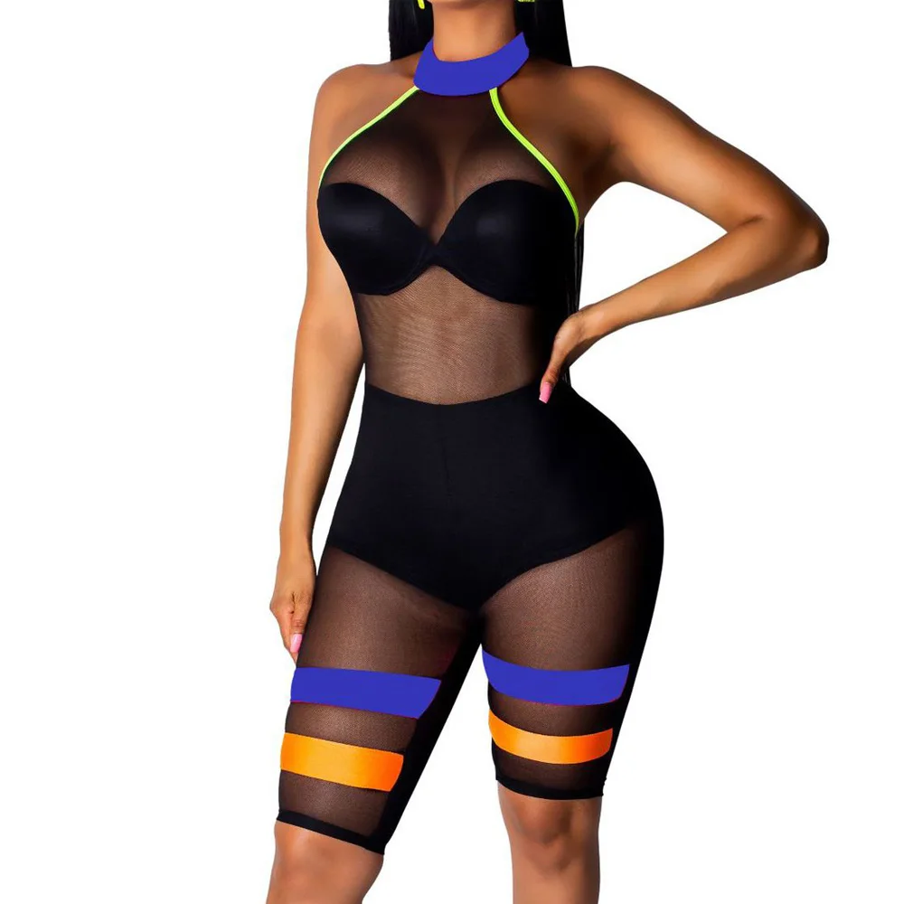 

Romper Women Summer Jumpsuits Sexy Off Shoulder Backless See Through Mesh Playsuits Femme Elegant Perspective Skinny Bodysuits