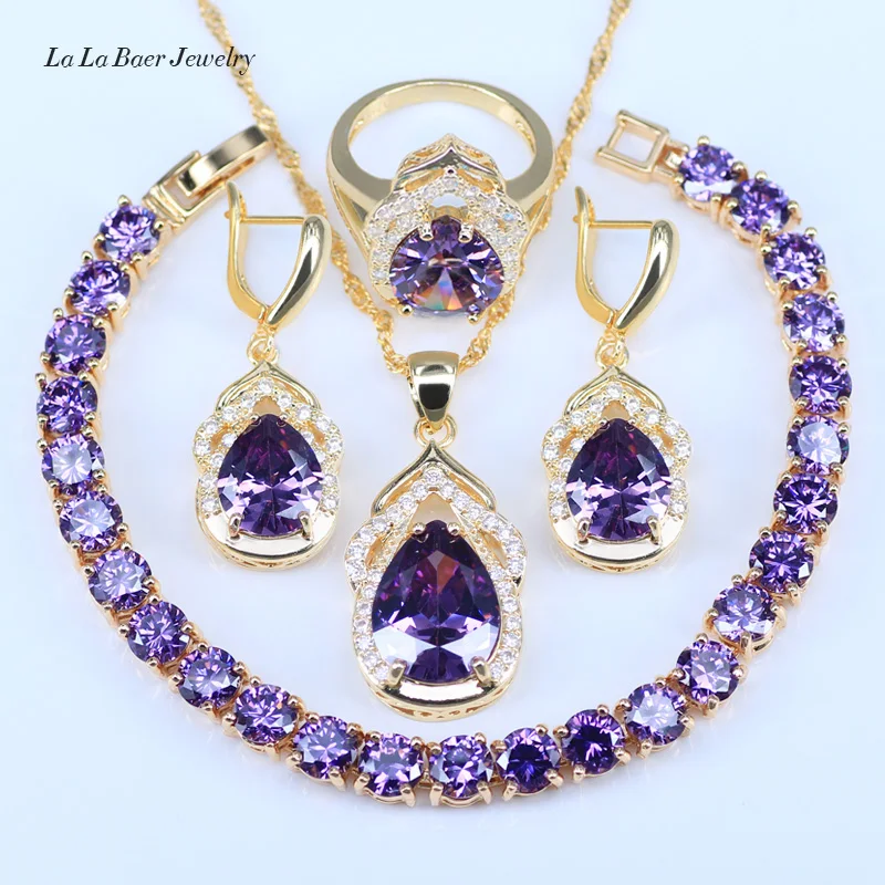 L& B прекрасный Фиолетовый созданный циркон белый CZ золотой цвет Ювелирные наборы для женщин Висячие серьги цепочки и ожерелья браслеты кулон кольца
