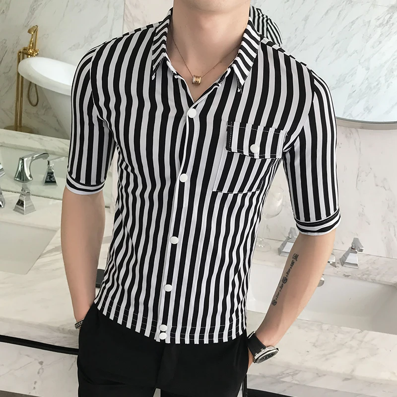 

Summer Thin Shirt Men Slim Fit Half Sleeve Striped Business Dress Shirts Men Front Pocket Design Cotton Casual Men Shirt 3XL-M