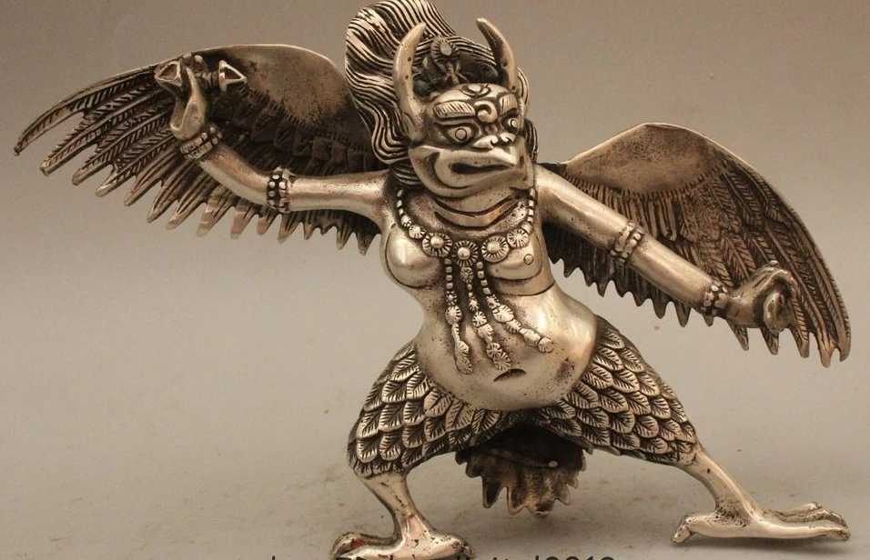 

6" Tibet Buddhism Silver Fly Redpoll Winged Garuda Bird Eagle Buddha Statue