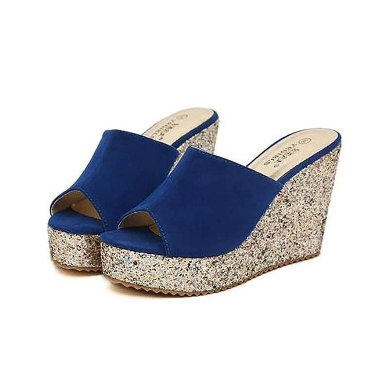 VOGELLIA/модные шлепанцы на высоком каблуке с блестками, женская летняя обувь из флока, сандалии на толстой платформе, женские сандалии на танкетке, Вьетнамки - Цвет: Синий