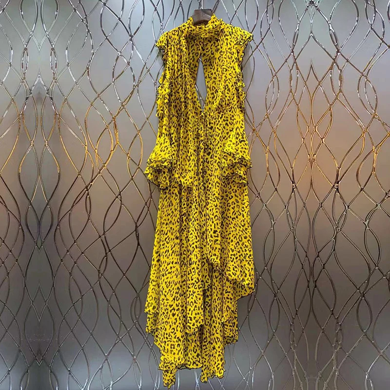 TWOTWINSTYLE леопардовые женские платья для женщин с открытыми плечами расклешенными рукавами асимметричный подол спинки оборками платье винтажная одежда
