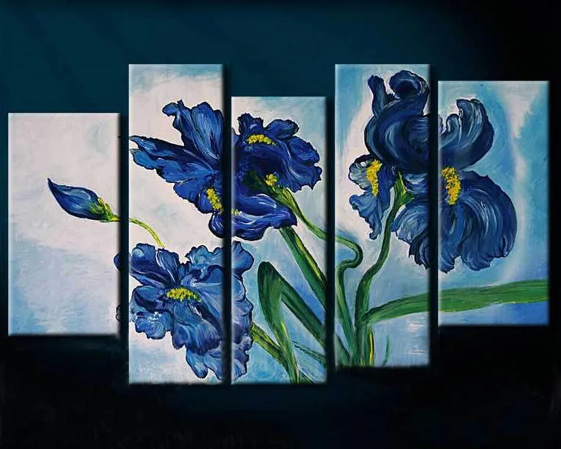 

Handmade Large Blue Flowers Pictures Handpainted Abstract Flower Oil Paintings on Canvas 5 Piece Floral Wall Painting Home Decor