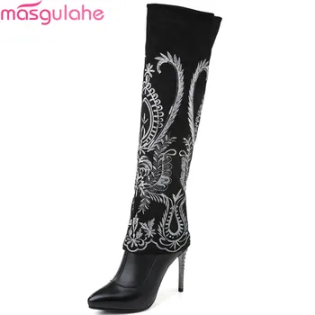 

Masgulahe black pointed toe women boots genuine leather ladies boots thin heel super high knee high boots embroider cow leather