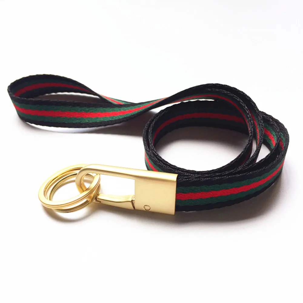 

wholesale Stripe Neck Lanyard with 2 Key Rings Luxury Golden Heavy Duty Metal Car Keychain with Classical Soft Stripe for phones