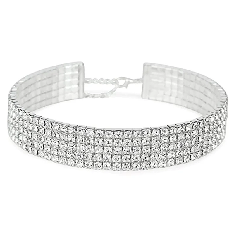 Wedding Bridal Jewelry Rhinestone Choker 5 Row Silver by Women's Crystal Necklace CZ Collar with