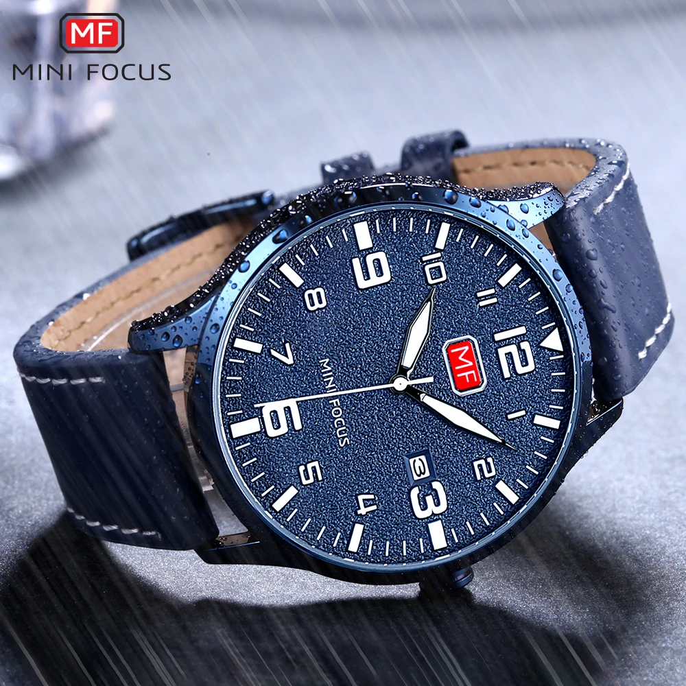 Online MINI FOKUS männer Armee Sport Quarz Uhren Lederband Wasserdicht Große Zahlen Armbanduhr Mann Relogios Masculino 0158 Blau