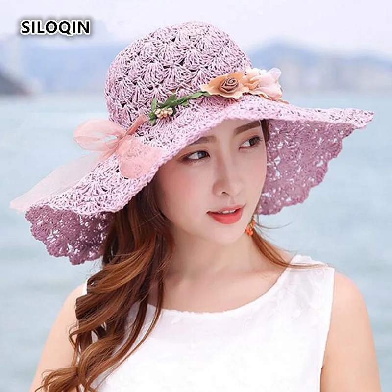 

SILOQIN Trend Summer New Women's Sun Hats Foldable Wild Breathable Straw Hats Seaside Resort Beach Hat Sunscreen Anti-UV Visor