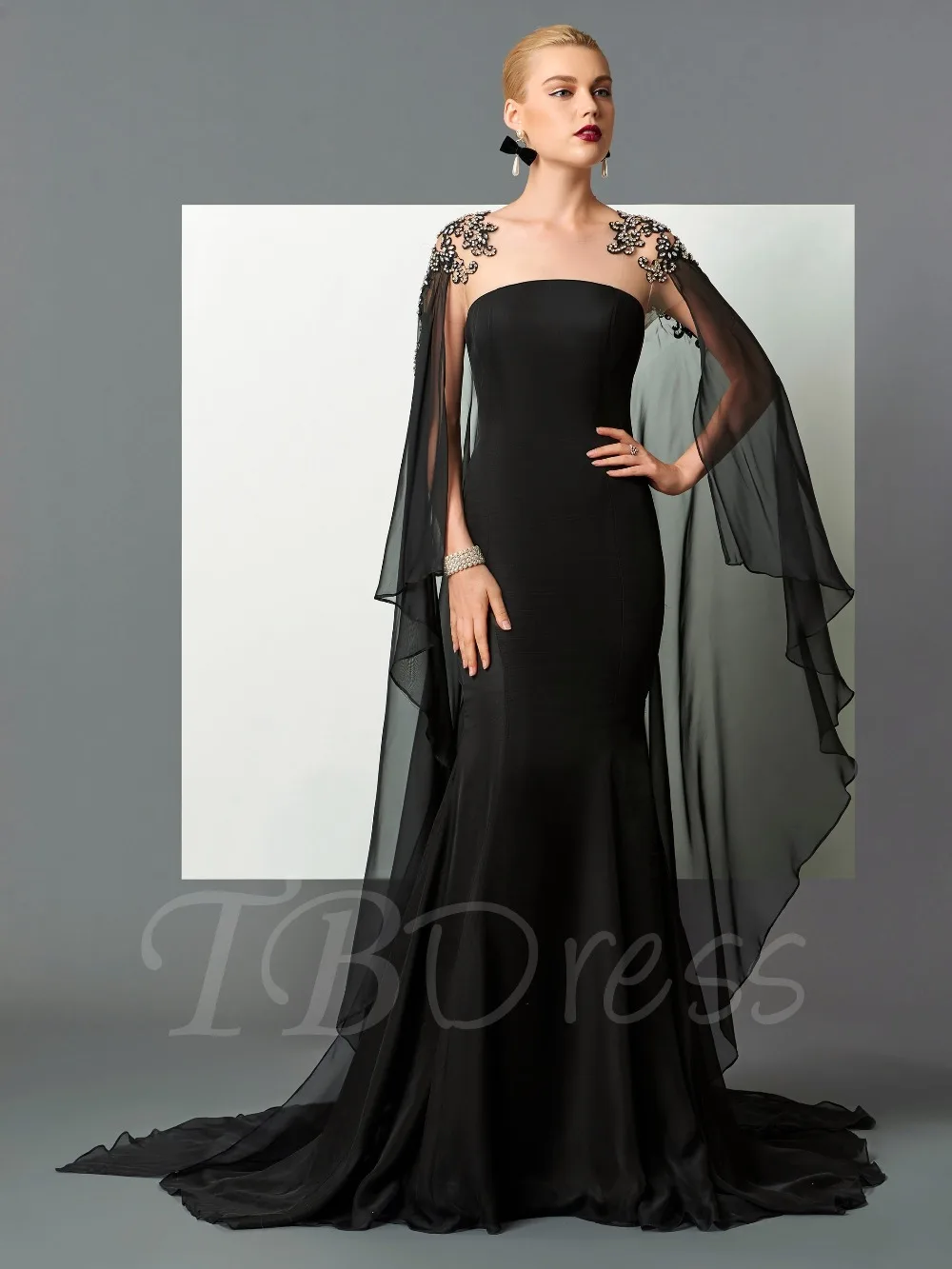 Sexy Sheer Neck Black Chiffon Mermaid Evening Dresses With Beaded