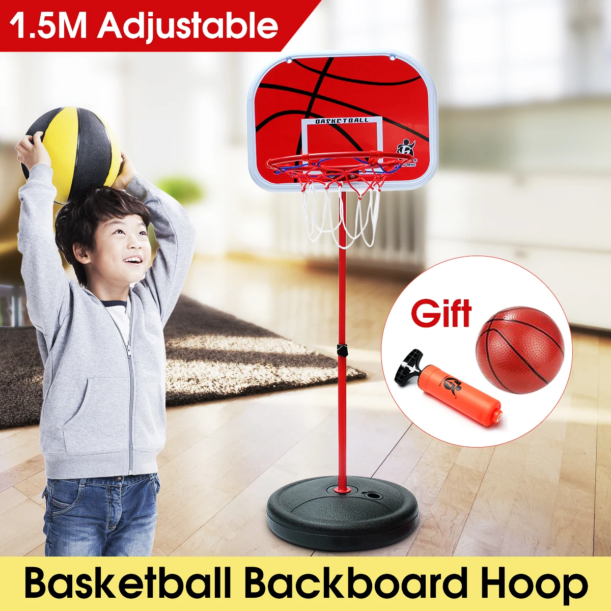 

1.5m Height Adjustable Kids Mimi Basketball Hoop Rim Net Set Backboard Basket Ball 72-150cm Red Basketball Hoop+Basketball+Pump