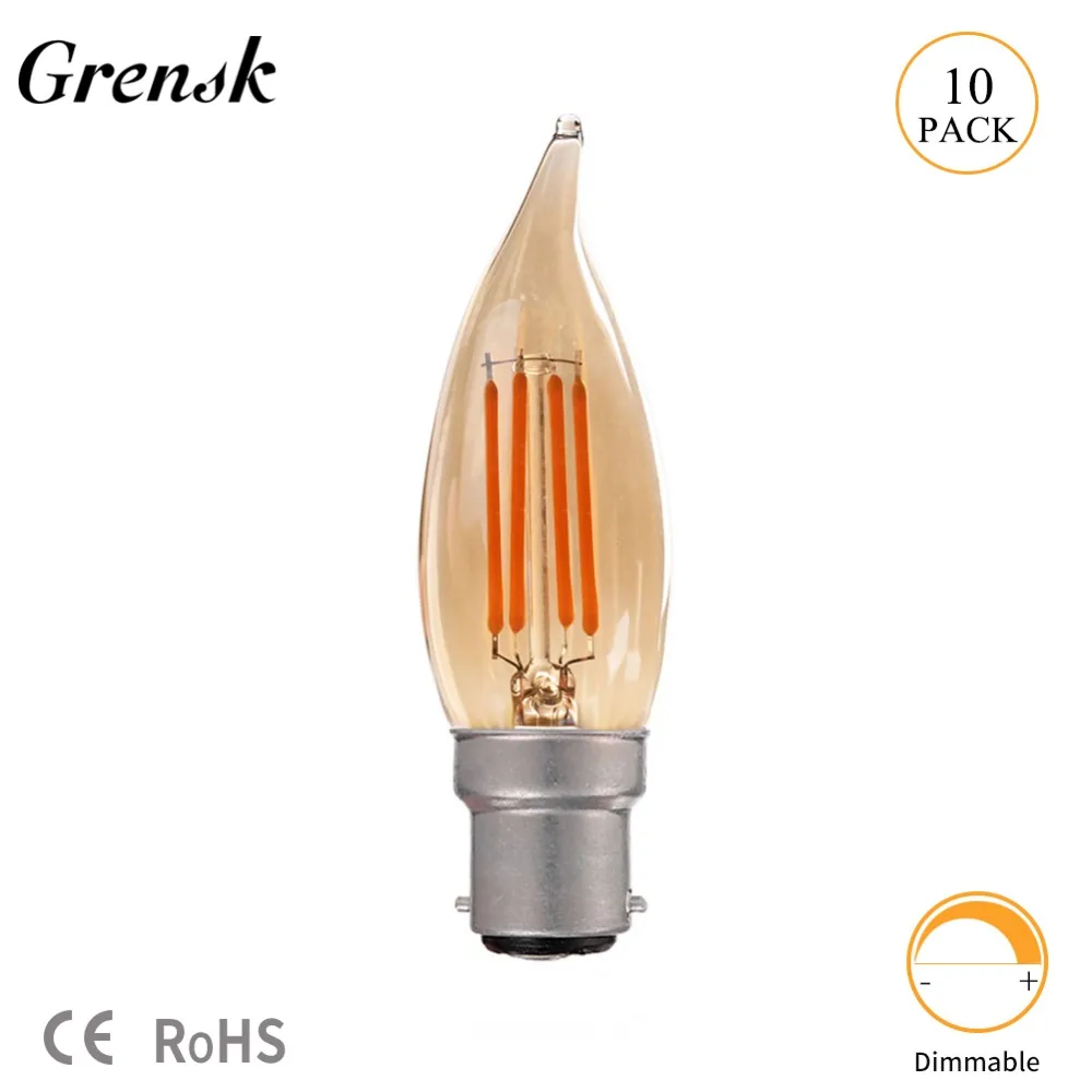 Grensk C32T колба в виде огонька 4 Вт золотой оттенок Ретро лампа накаливания светодиодный лампы B22 штык 220-240VAC декоративная люстра освещение Dimmale