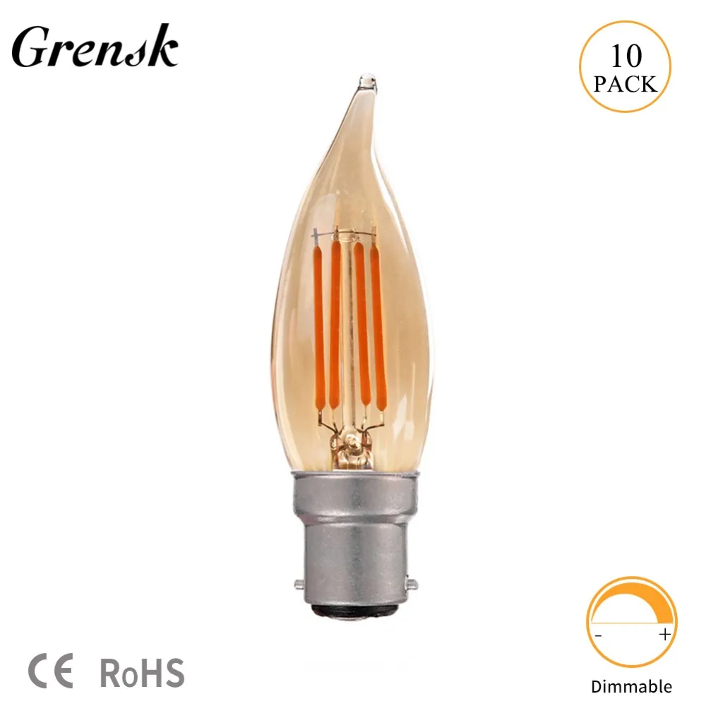 

Grensk C32T Flame Tip 4W Gold Tint Retro Filament LED Bulb B22 Bayonet 220-240VAC Decorative Chandelier Lighting Dimmale Ampoule