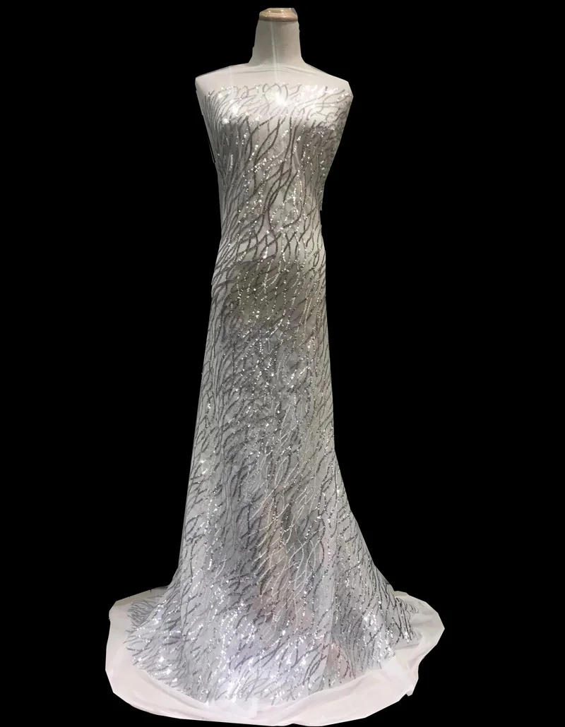 

Free shipping (5yards/pc) newest design silver and white African sequins net lace fabric French lace for bling dress FNS127