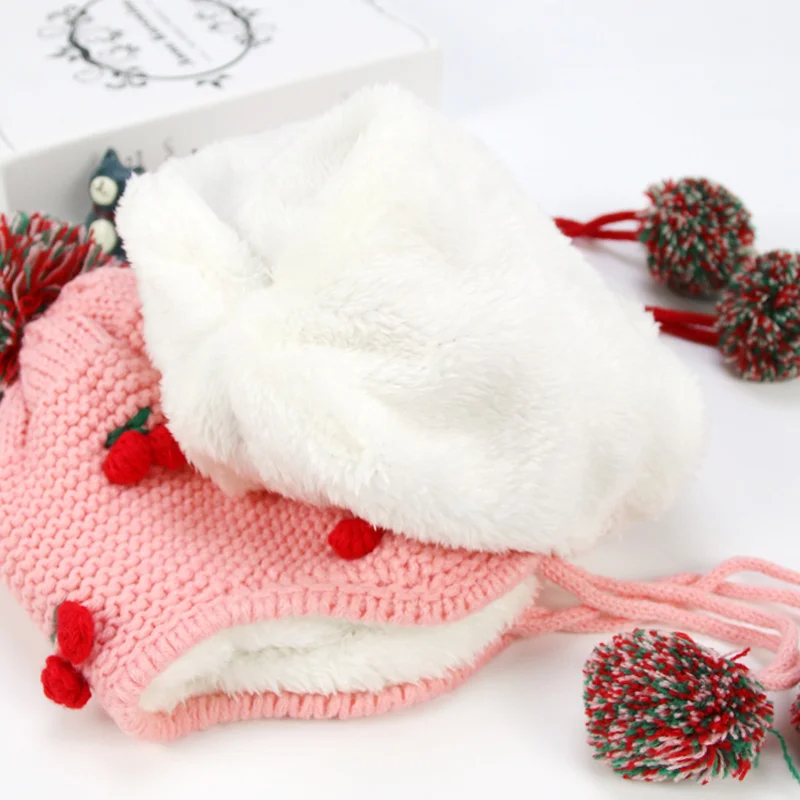 Cheery Knit Baby Hat Warm Velvet Winter Hat For Girls Ear Protect Lace Up Baby Beanie Pompom Cute Toddler Hat Baby Girl Clothing (9)