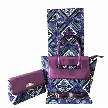 

3pcs/set Hot sale purple design 6Y African veritable wax fabric with cotton wax bag and purse set for lady FB9-4